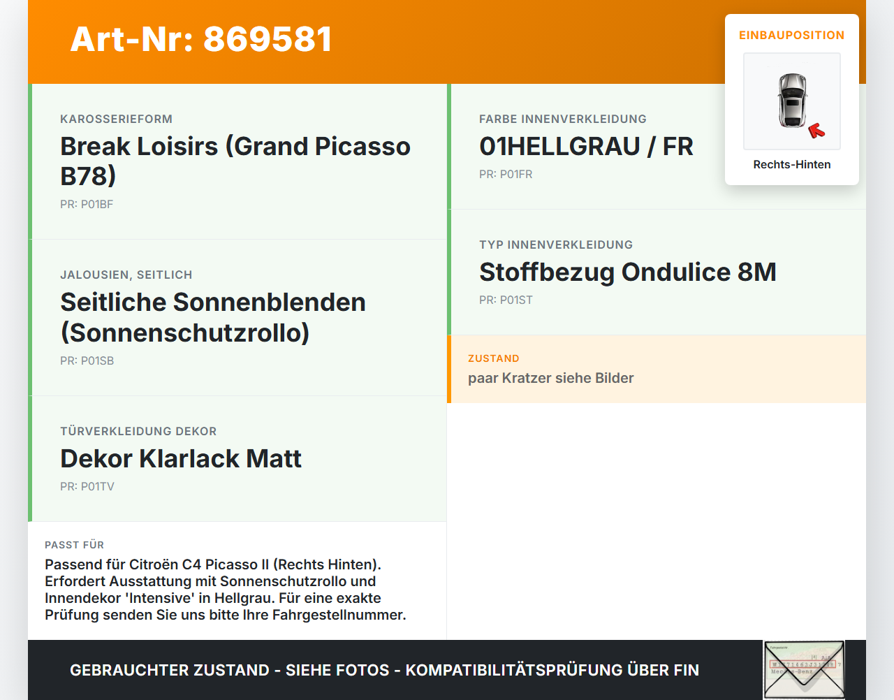 Citroen C4 Picasso II 13-16 Grand Türverkleidung Türpappe Rechts Hinten mit Sonnenschutzrollo Citroen C4 Picasso II... Vorschau 3