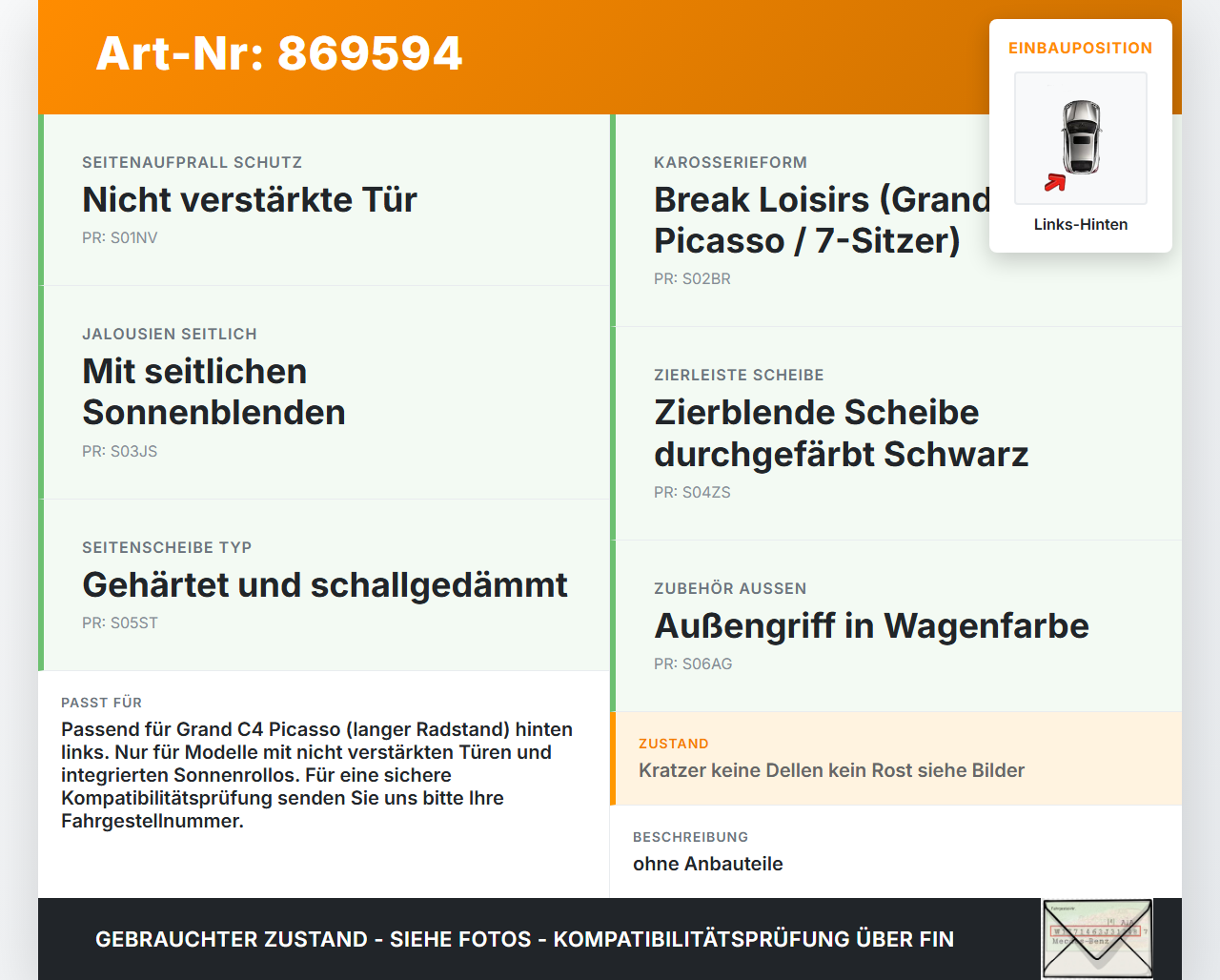 Citroen C4 Picasso II 13-16 Grand Tür Links Hinten KKS Citroen C4 Picasso II 13-16 05.01.2015 9803033780 gebraucht Vorschau 3