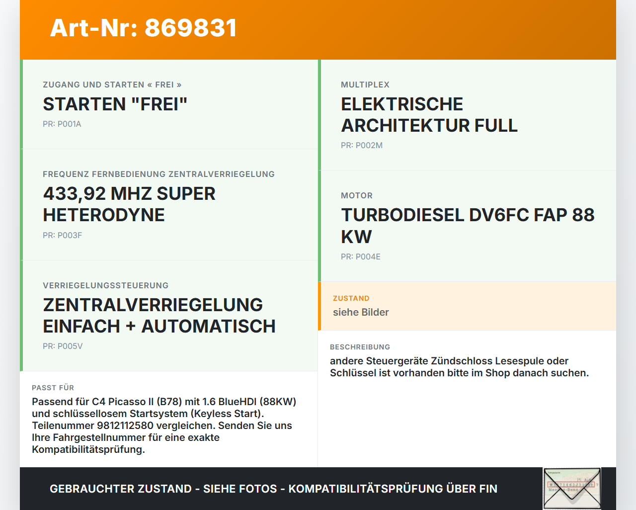 Citroen C4 Picasso II 13-16 HDI 1,6 88KW Wegfahrsperre ECU Steuergerät Citroen C4 Picasso II 13-16 05.01.2015... Vorschau 3