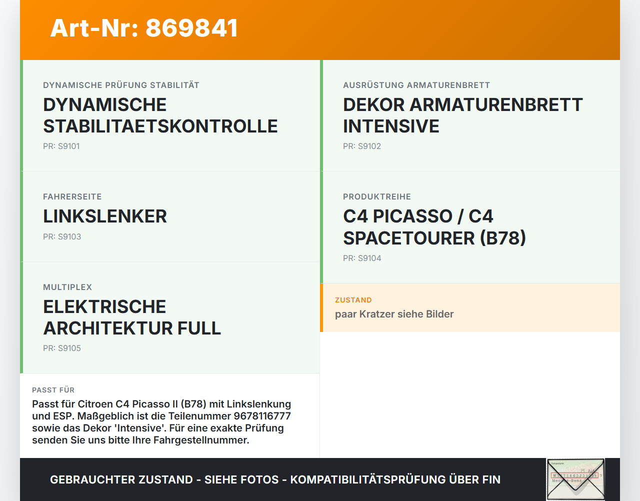 Citroen C4 Picasso II 13-16 Schalter ESP Off Citroen C4 Picasso II 13-16 05.01.2015 96781167XU 9678116777 gebraucht Vorschau 3