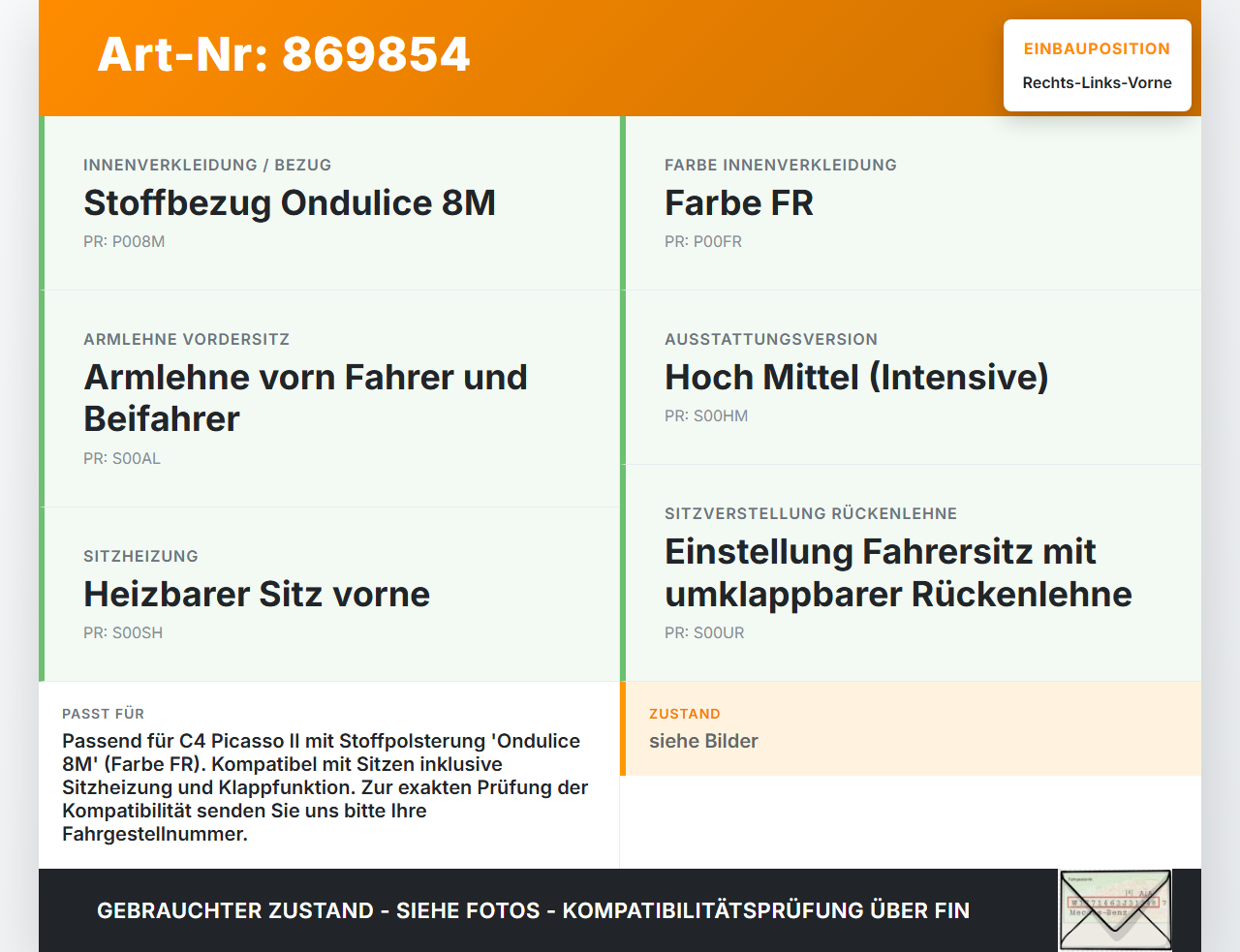 Citroen C4 Picasso II 13-16 Kopfstütze für Fahrer Sitz Rechts oder Links Vorne Citroen C4 Picasso II 13-16... Vorschau 3