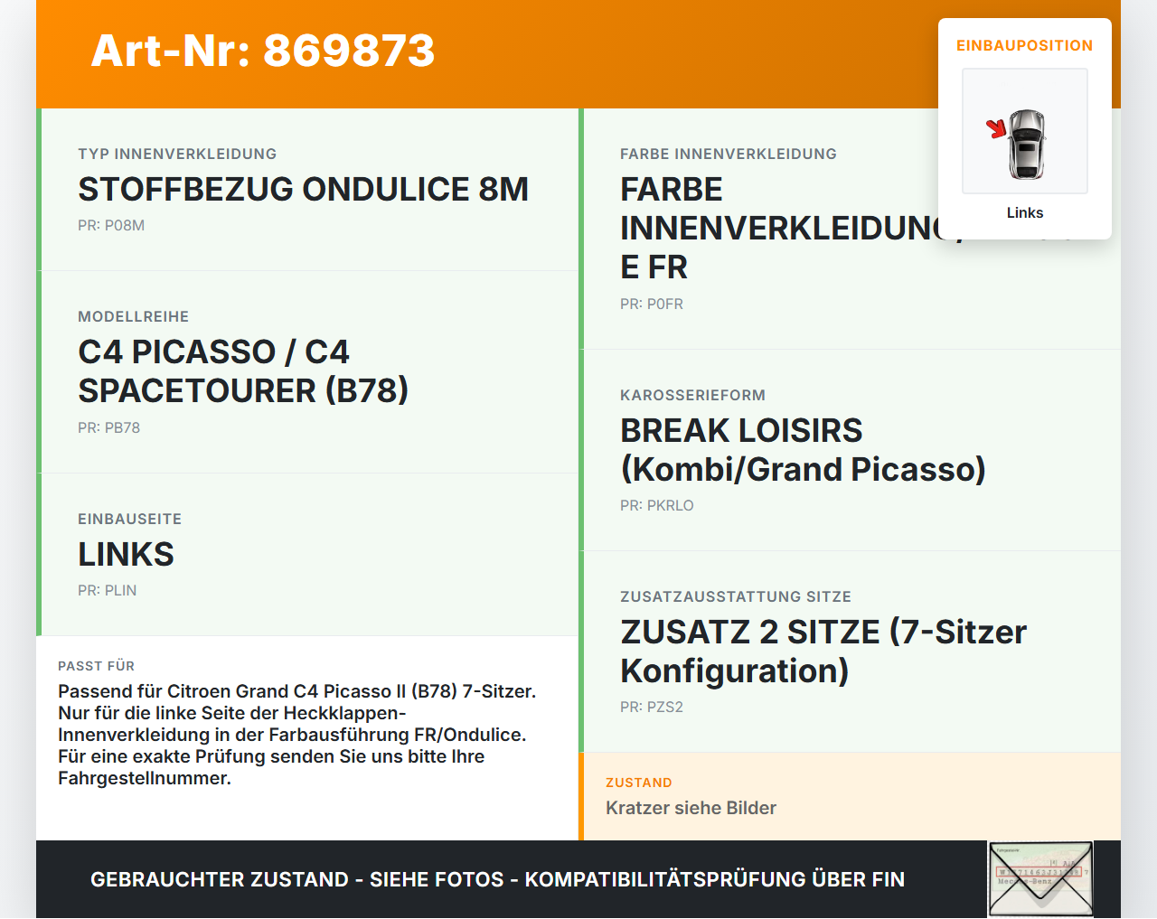 Citroen C4 Picasso II 13-16 Grand Blende Innen Verkleidung Heckklappe Links Citroen C4 Picasso II 13-16 05.01.2015... Vorschau 3
