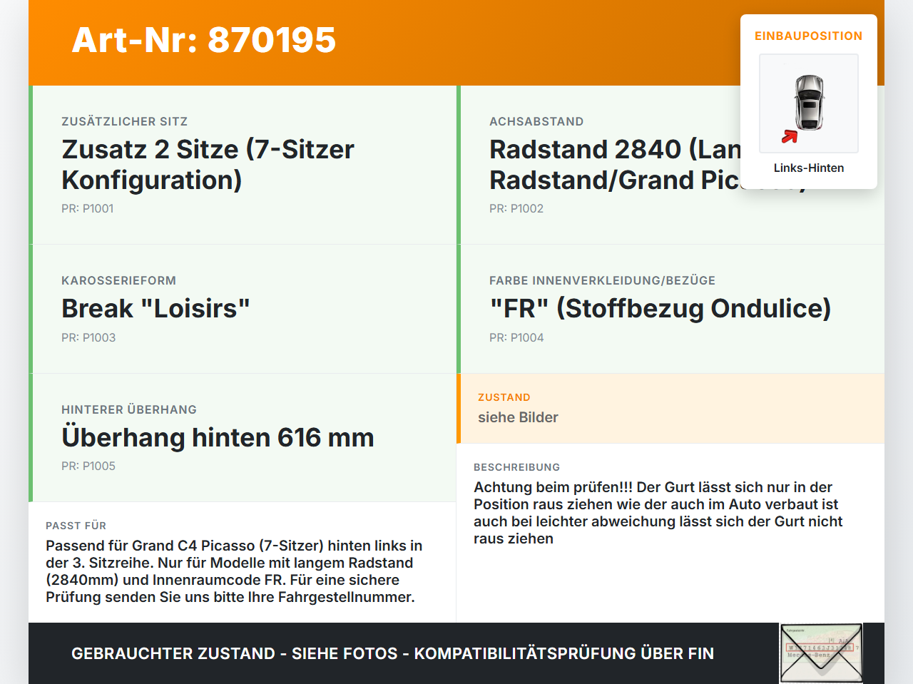Citroen C4 Picasso II 13-16 Grand Gurt Sicherheitsgurt Links Hinten 3te Reihe Citroen C4 Picasso II 13-16... Vorschau 3