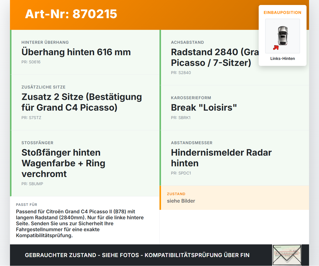 Citroen C4 Picasso II 13-16 Grand Halter Träger Aufnahme Führung für Stoßstange Links Hinten Citroen C4 Picasso II... Vorschau 3