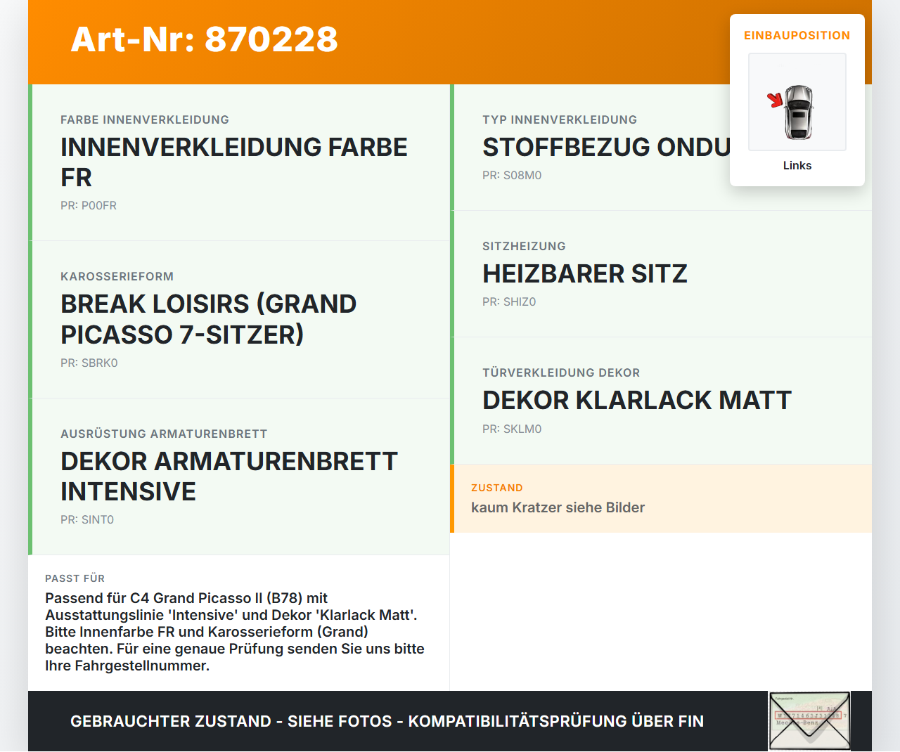 Citroen C4 Picasso II 13-16 Grand Blende Innen Verkleidung Links Mitte Citroen C4 Picasso II 13-16 05.01.2015... Vorschau 3