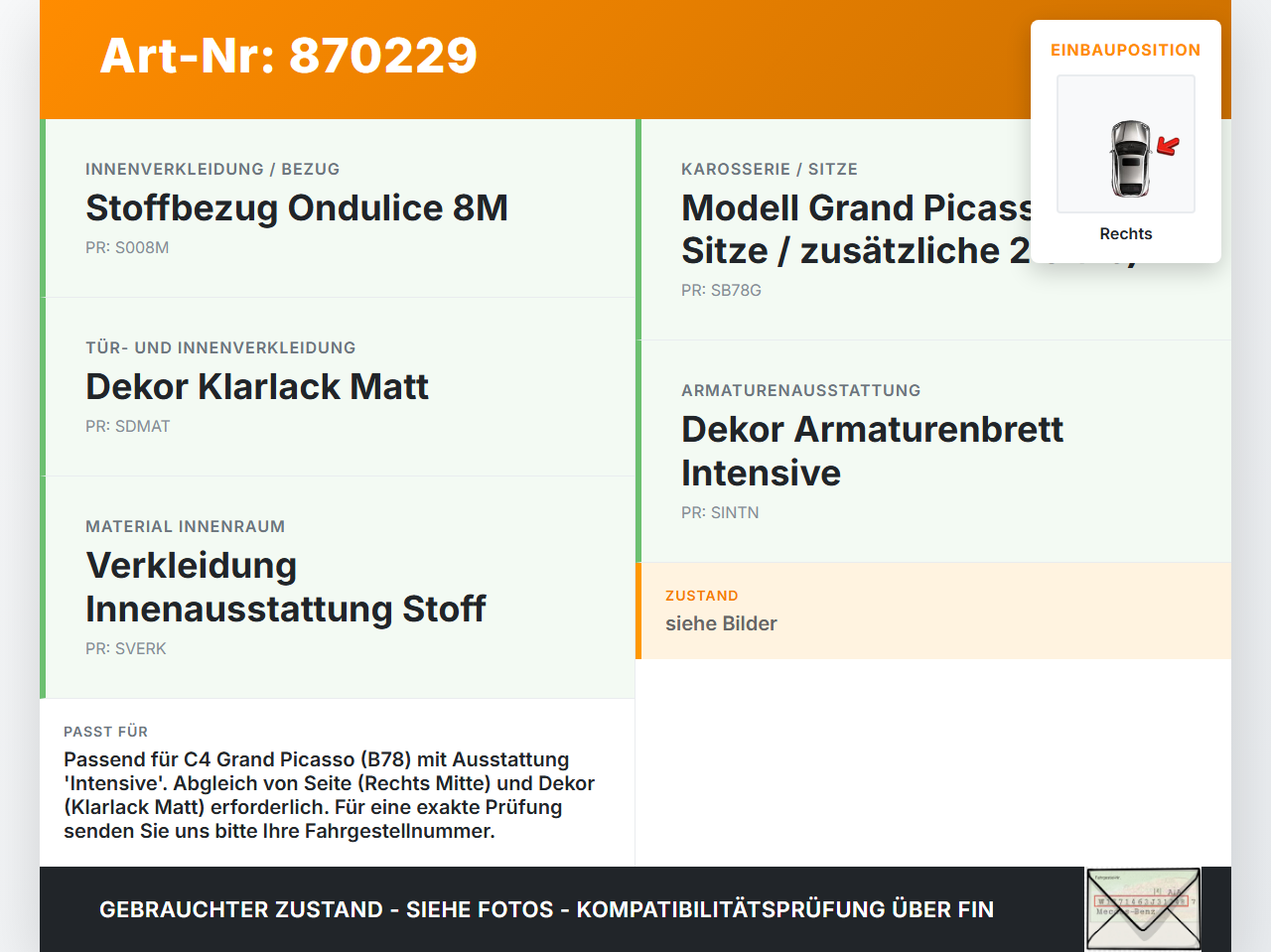 Citroen C4 Picasso II 13-16 Grand Blende Innen Rechts Mitte Citroen C4 Picasso II 13-16 05.01.2015 gebraucht Vorschau 3