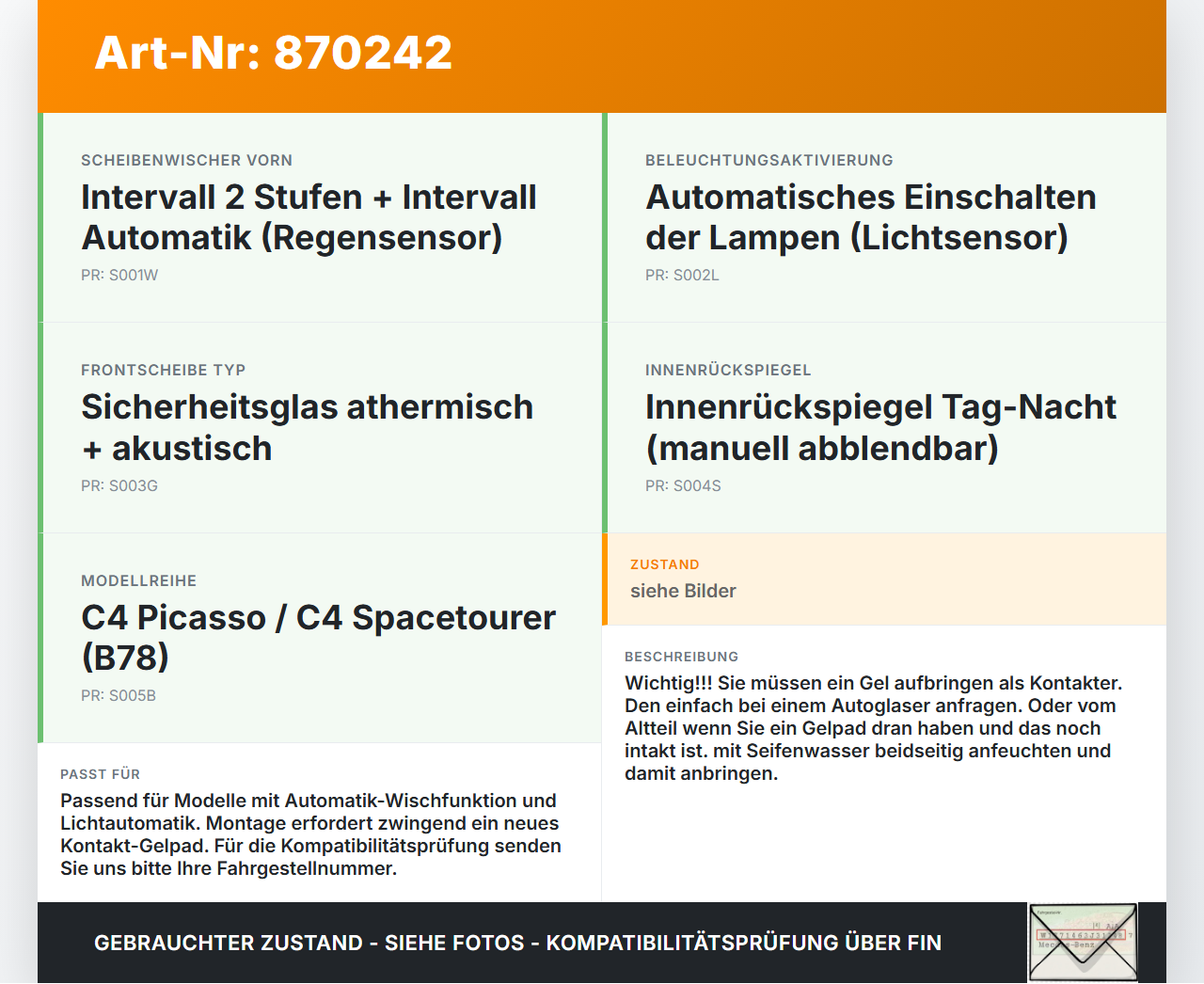 Citroen C4 Picasso II 13-16 Regensensor Citroen C4 Picasso II 13-16 05.01.2015 LK10053830-02 gebraucht Vorschau 3