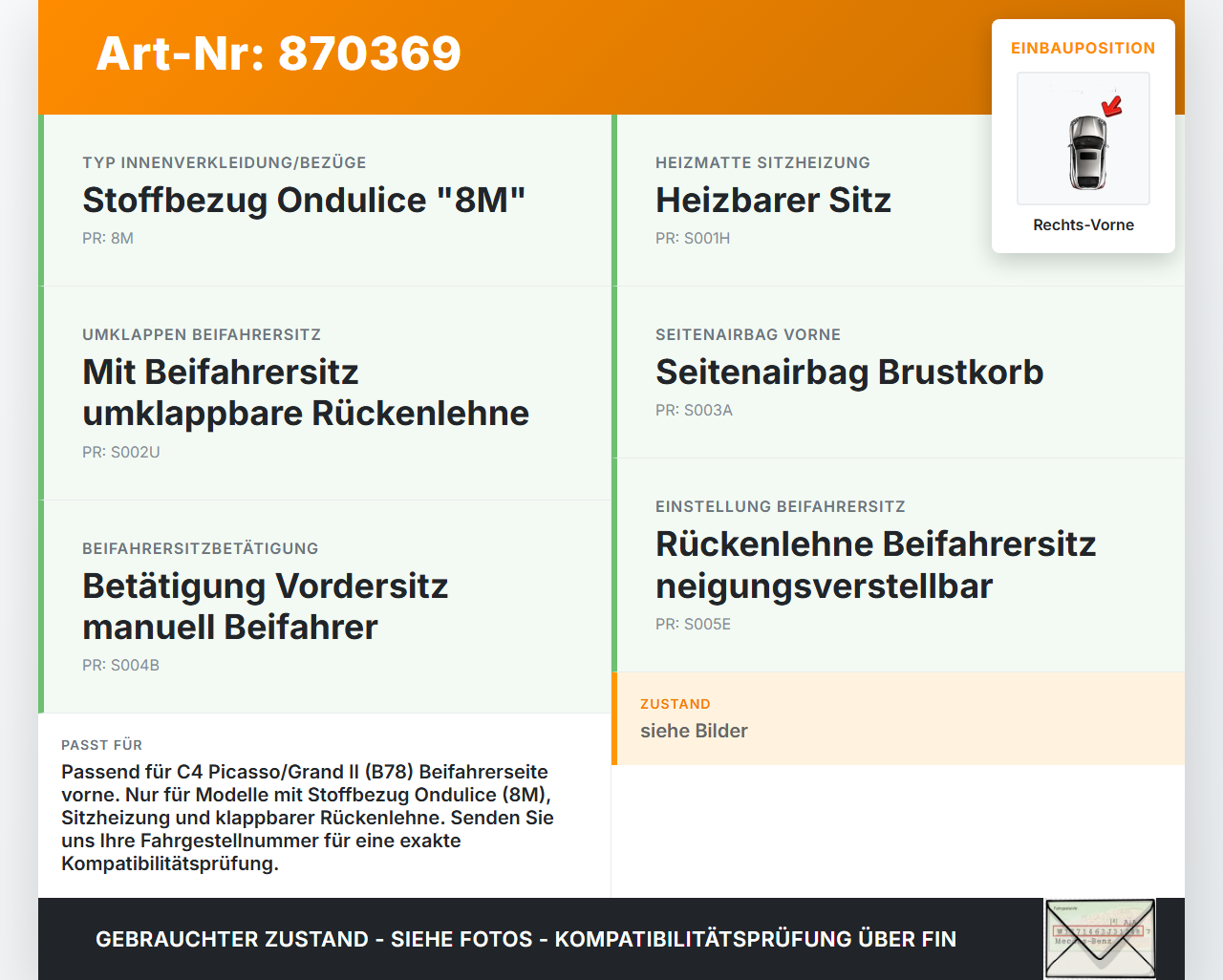 Citroen C4 Picasso II 13-16 Grand Sitzbezug Rückenpolster Rechts Vorne für Beifahrer Sitz beheizt Citroen C4... Vorschau 3