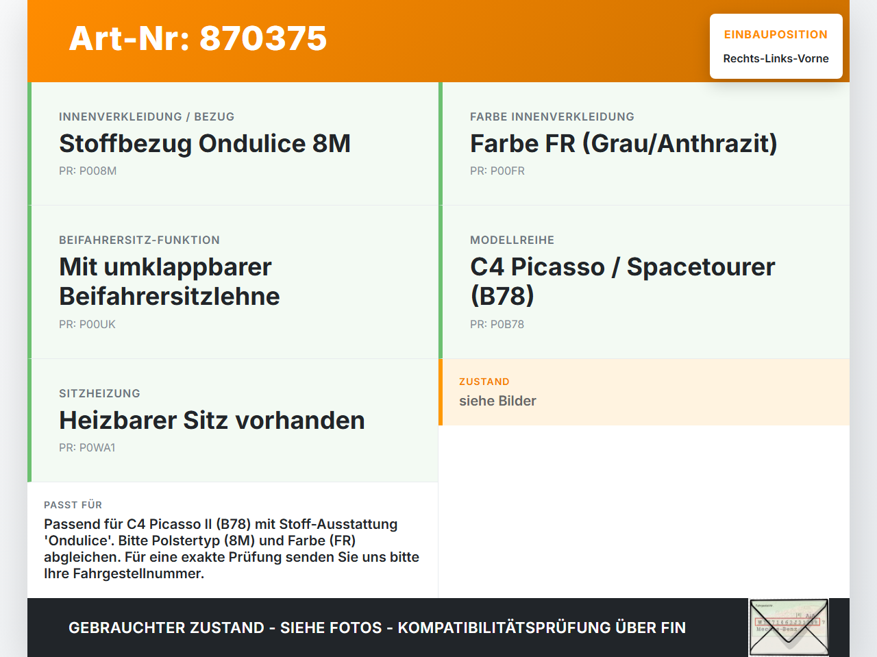 Citroen C4 Picasso II 13-16 Grand Kopfstütze für Beifahrer Sitz Rechts oder Links Vorne Citroen C4 Picasso II 13-16... Vorschau 3