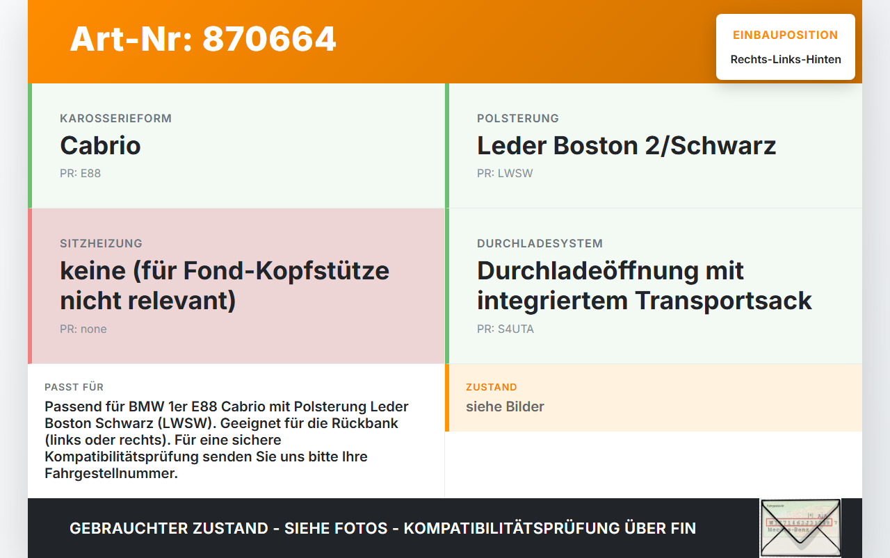 BMW 1er E88 125I 07-11 Kopfstütze Rechts oder Links Hinten Boston Schwarz BMW 1er E88 125I 07-11 26.10.2007 9142029... Vorschau 3