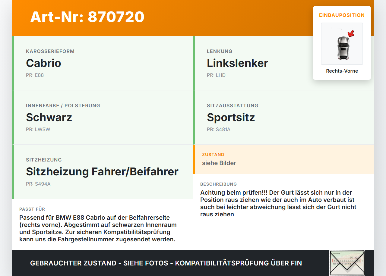 BMW 1er E88 125I 07-11 Cabrio Gurt Sicherheitsgurt Rechts Vorne BMW 1er E88 125I 07-11 26.10.2007 6981476... Vorschau 3