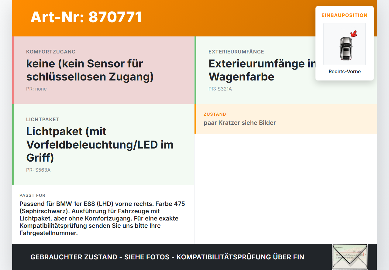 BMW 1er E88 125I 07-11 Cabrio Türgriff Griff aussen Rechts Vorne 475 BMW 1er E88 125I 07-11 26.10.2007 0445180... Vorschau 3