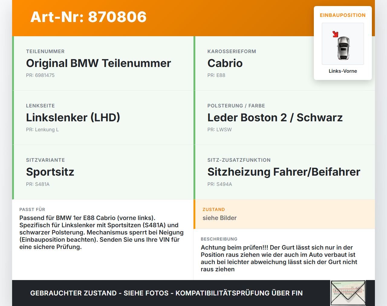 BMW 1er E88 125I 07-11 Cabrio Gurt Sicherheitsgurt Links Vorne BMW 1er E88 125I 07-11 26.10.2007 72116981475... Vorschau 3