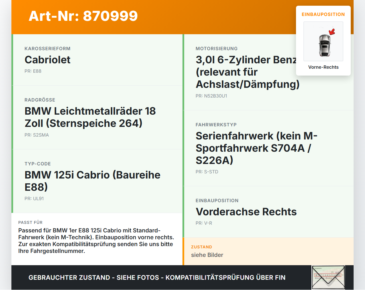 BMW 1er E88 125I 07-11 Cabrio Stossdämpfer Federbein Vorne Rechts BMW 1er E88 125I 07-11 26.10.2007 6786030... Vorschau 3