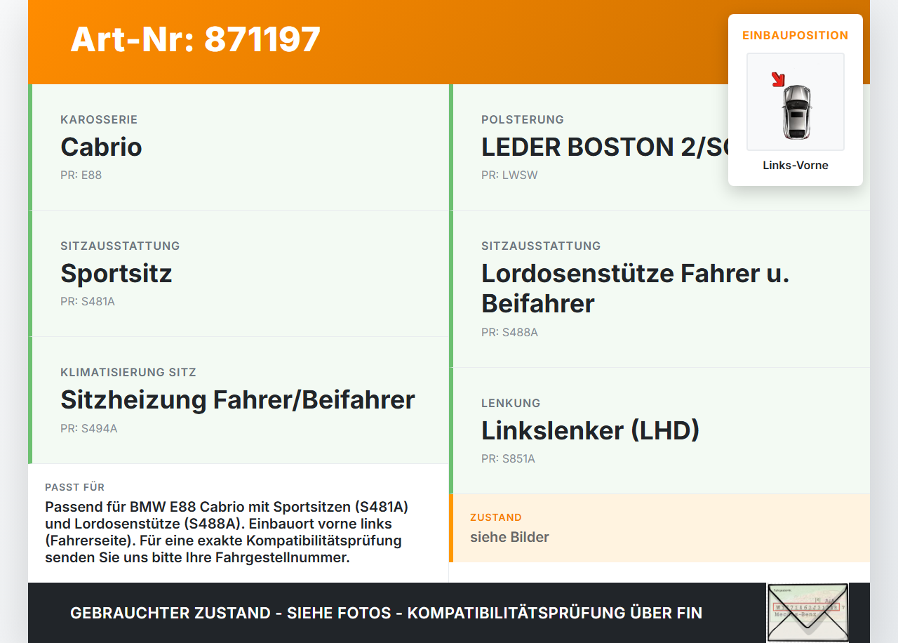 BMW 1er E88 125I 07-11 3,0i 160KW Lordosenkissen Links Vorne BMW 1er E88 125I 07-11 26.10.2007 7140555 52107140555... Vorschau 3