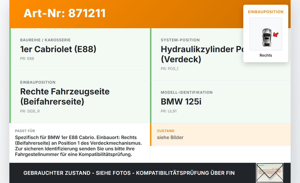 BMW 1er E88 125I 07-11 Cabrio Zylinder Hydraulikzylinder Hydraulik für Verdeck Rechts Pos.1 BMW 1er E88 125I 07-11... Vorschau 3
