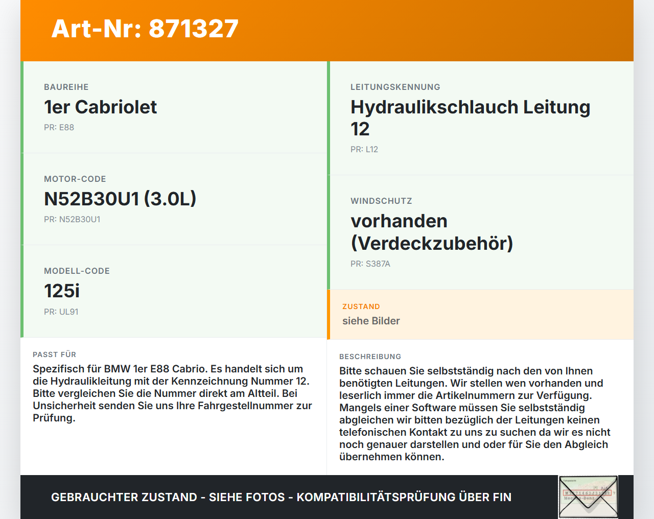 BMW 1er E88 125I 07-11 Cabrio Hydraulik Schlauch Leitung 12 für Verdeck BMW 1er E88 125I 07-11 26.10.2007 7190673... Vorschau 3