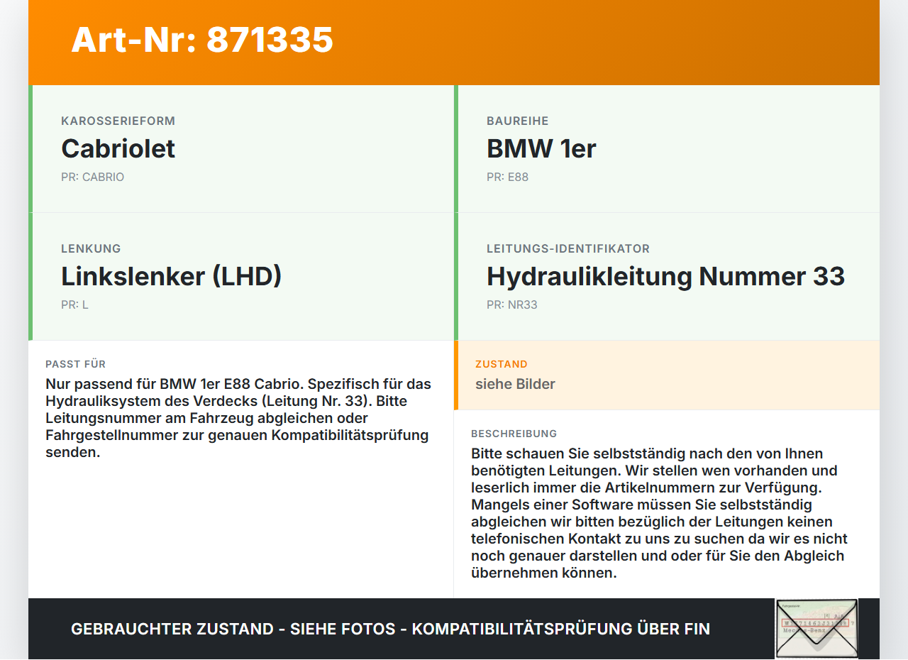 BMW 1er E88 125I 07-11 Cabrio Hydraulik Schlauch Leitung 33 für Verdeck BMW 1er E88 125I 07-11 26.10.2007 7190725... Vorschau 3