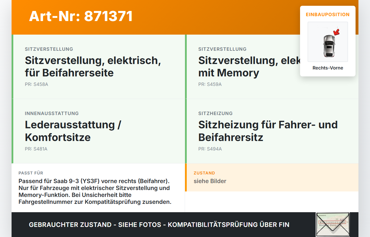 Saab 9-3 93 YS3F 05-07 Stellmotor für Elektr. Sitzverstellung Rechts Vorne Saab 9-3 93 YS3F 05-07 24.08.2006 gebraucht Vorschau 3