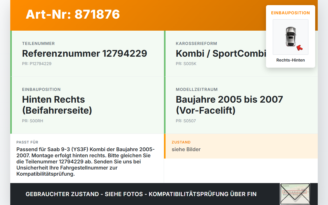 Saab 9-3 93 YS3F 05-07 Kombi Halter Träger Aufnahme Führung für Stoßstange Rechts Hinten Saab 9-3 93 YS3F 05-07... Vorschau 3