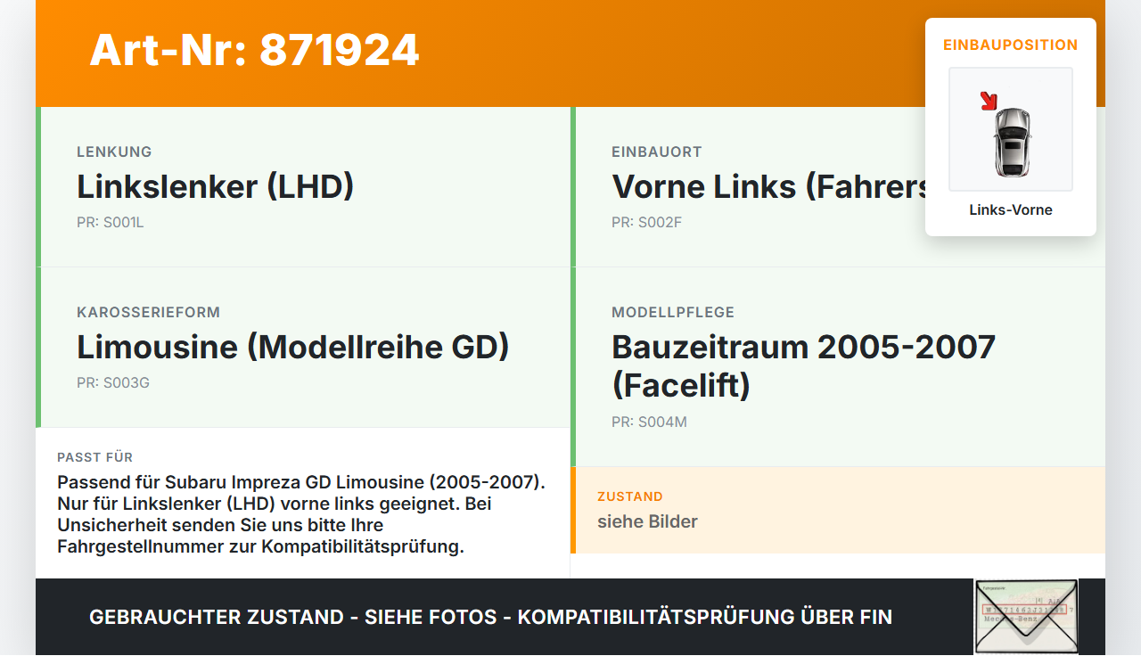 Subaru Impreza GD 05-07 Lim Türgriff Griff Griffmuschel Innen Links Vorne Subaru Impreza GD 05-07 30.05.2007 gebraucht Vorschau 3