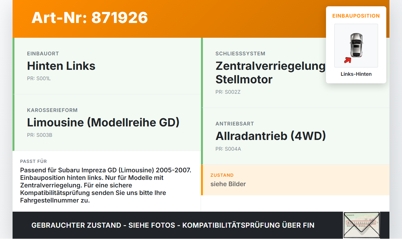 Subaru Impreza GD 05-07 Lim Türschloss m. ZV Stellmotor Links Hinten Subaru Impreza GD 05-07 30.05.2007 61100-FE050... Vorschau 3