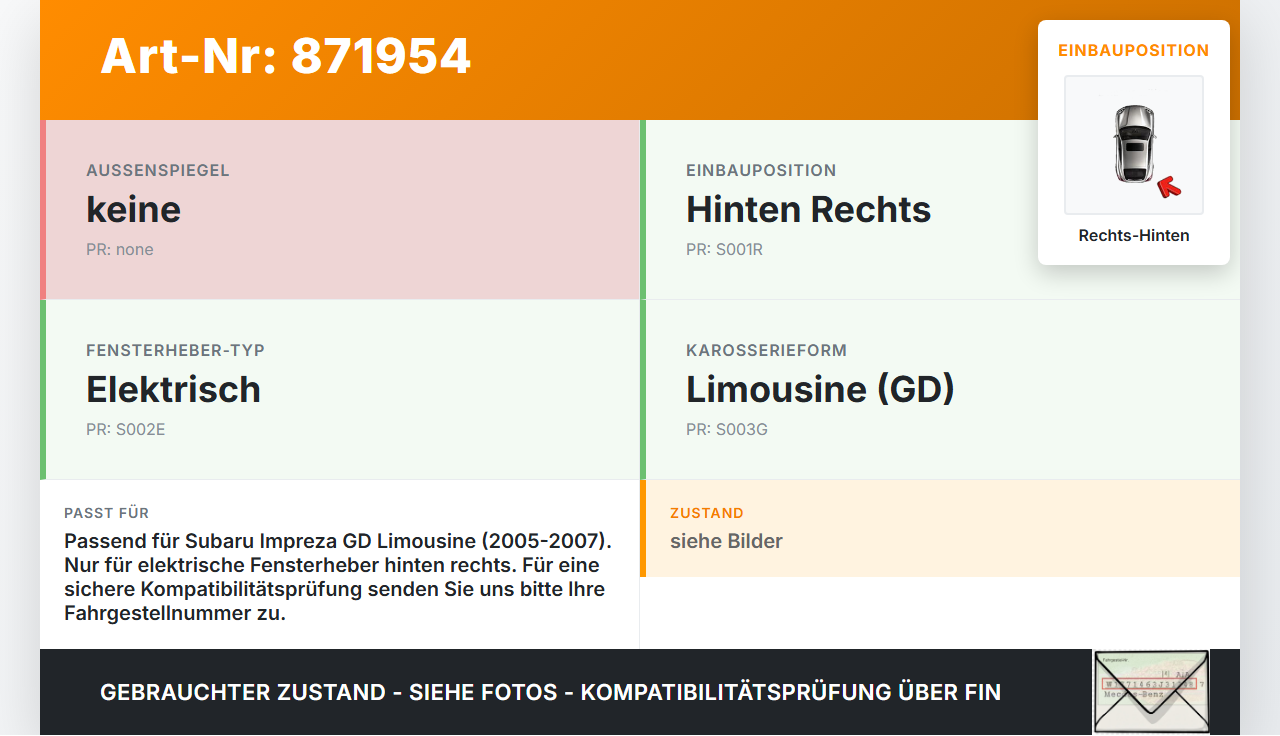 Subaru Impreza GD 05-07 Lim Fensterhebermotor mit Fensterheber Rechts Hinten Subaru Impreza GD 05-07 30.05.2007... Vorschau 3
