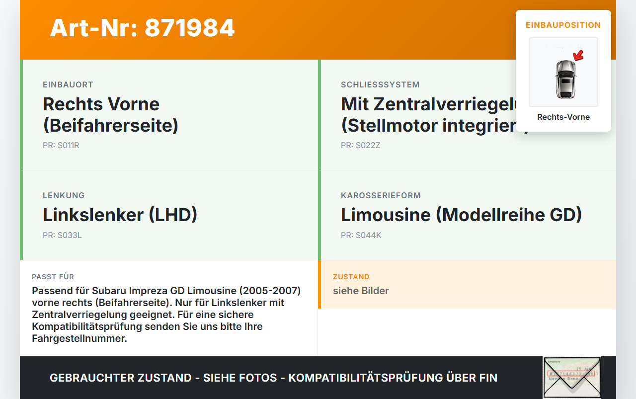 Subaru Impreza GD 05-07 Lim Türschloss m. ZV Stellmotor Rechts Vorne Subaru Impreza GD 05-07 30.05.2007 61100FE000... Vorschau 3