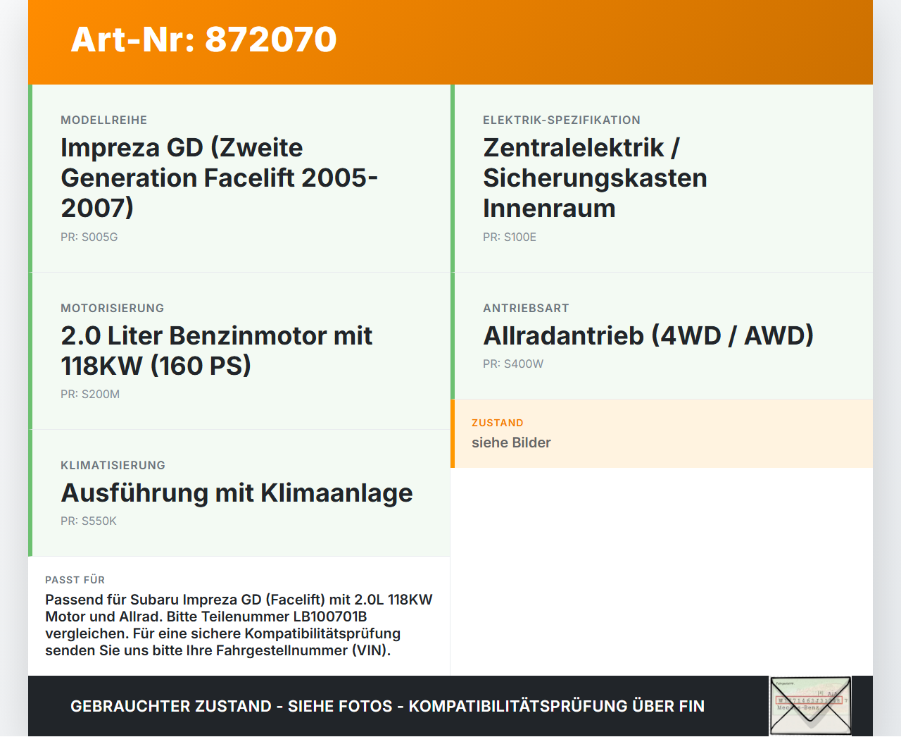 Subaru Impreza GD 05-07 2,0 118KW Sicherungskasten Zentralelektrik Subaru Impreza GD 05-07 30.05.2007 LB100701B... Vorschau 3