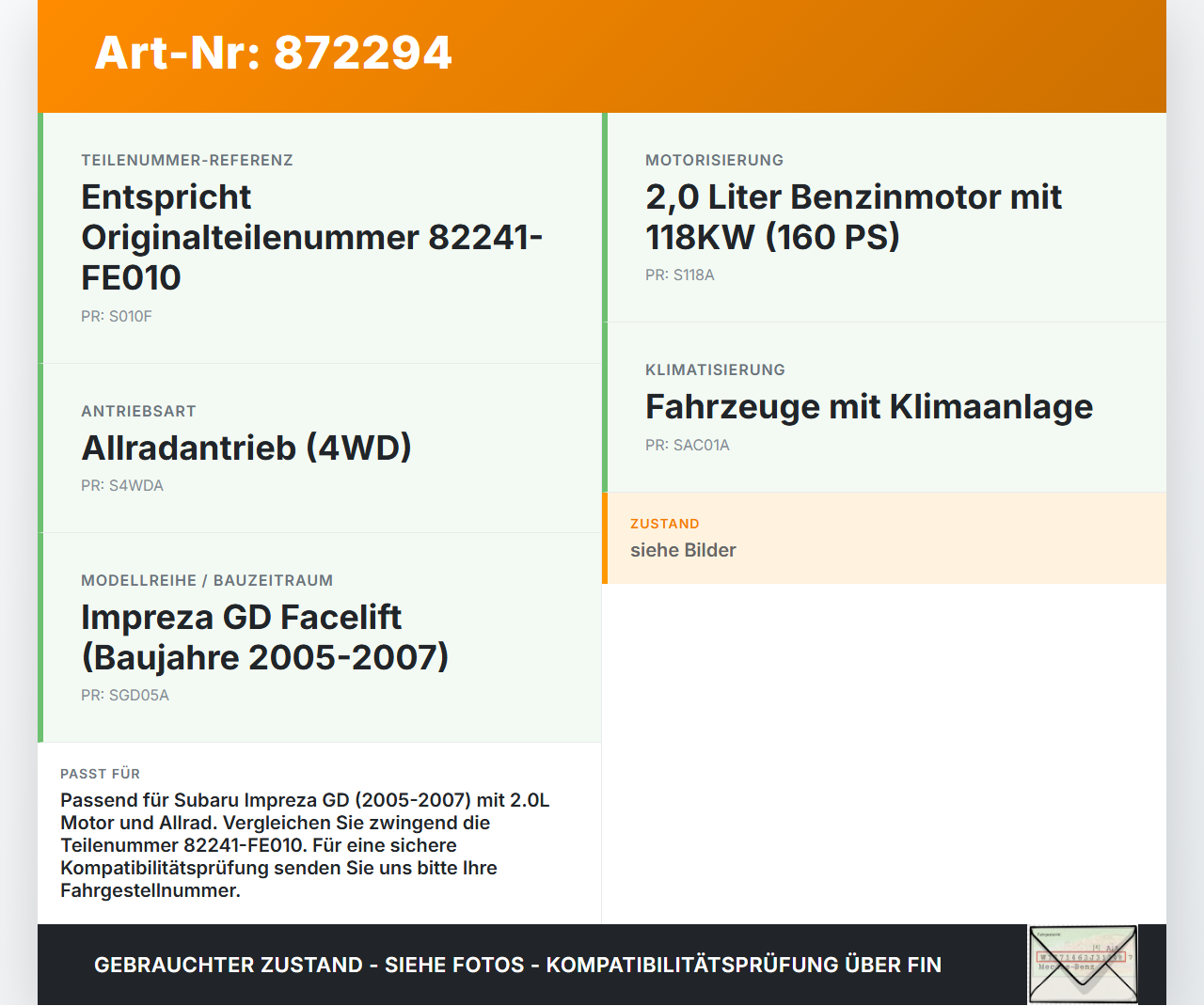 Subaru Impreza GD 05-07 2,0 118KW Sicherungskasten Zentralelektrik Subaru Impreza GD 05-07 30.05.2007 82241-FE010... Vorschau 3