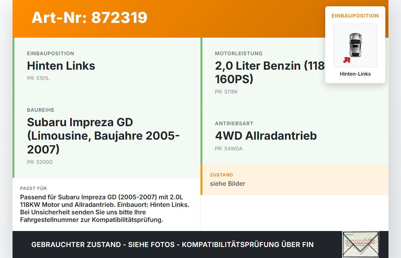 Subaru Impreza GD 05-07 2,0 118KW Bremssattel Bremszange Hinten Links Subaru Impreza GD 05-07 30.05.2007 gebraucht Vorschau 3