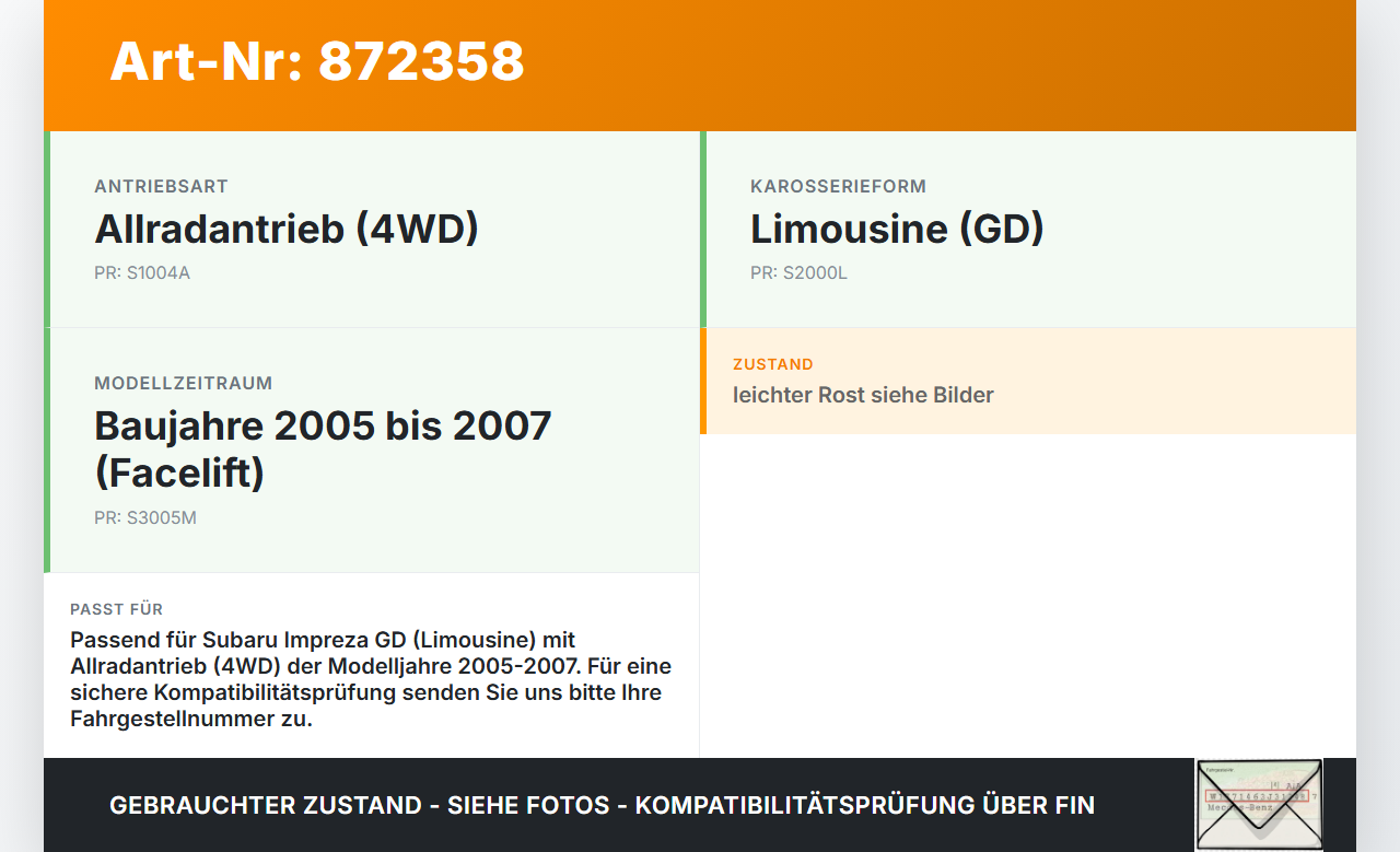 Subaru Impreza GD 05-07 Lim Hinterachse Achse Achsträger Subaru Impreza GD 05-07 30.05.2007 gebraucht Vorschau 3