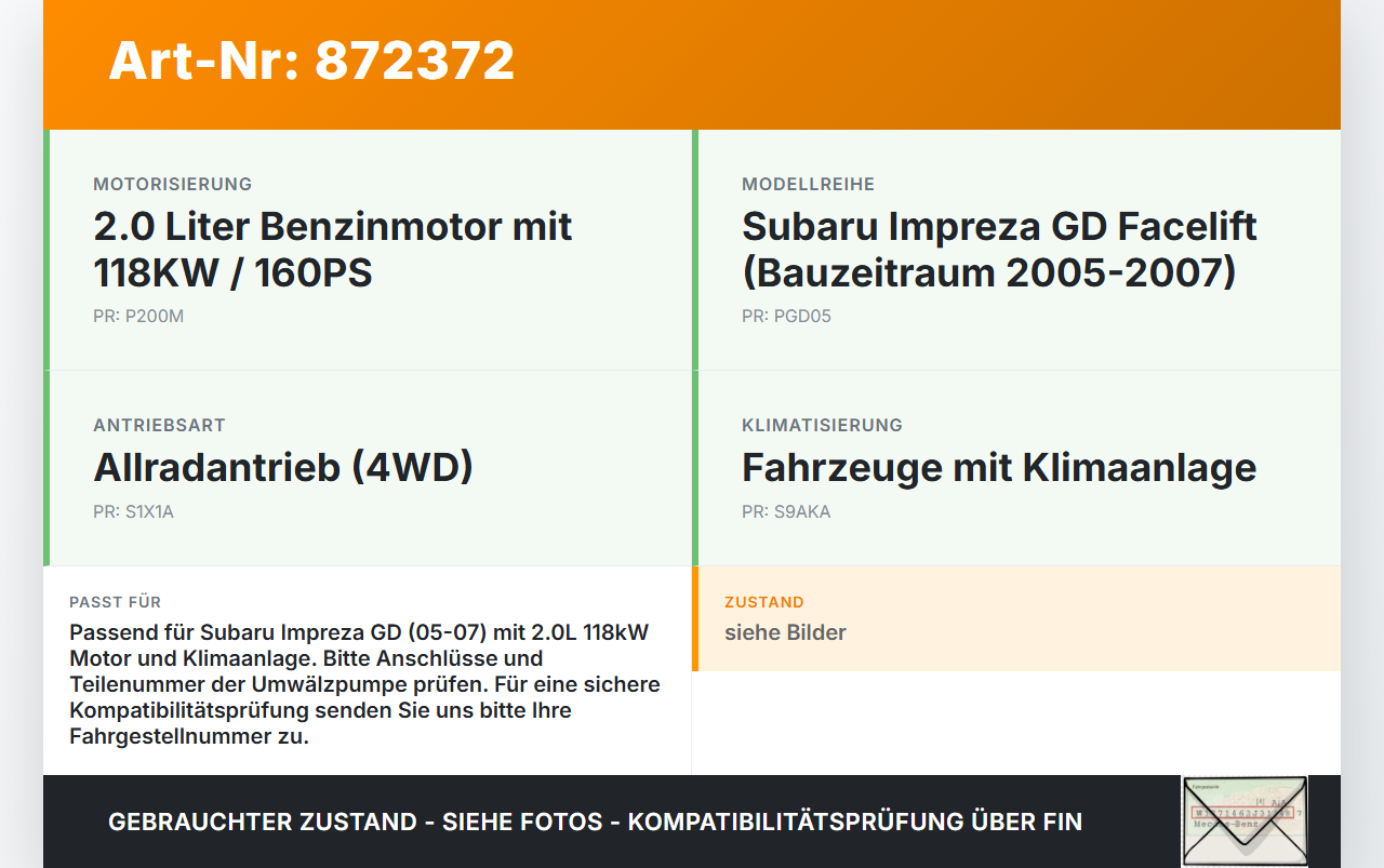 Subaru Impreza GD 05-07 2,0 118KW Umwelzpumpe Heizung Pumpe Subaru Impreza GD 05-07 30.05.2007 gebraucht Vorschau 3