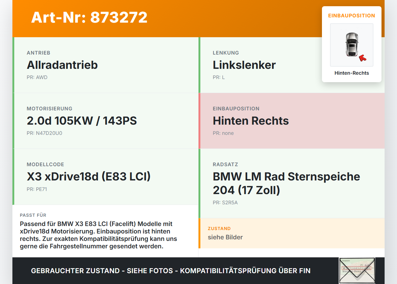 BMW X3 E83 18d LCI 08-11 2,0d 105KW Bremssattel Bremszange Hinten Rechts BMW X3 E83 18d LCI 08-11 03.12.2009... Vorschau 3