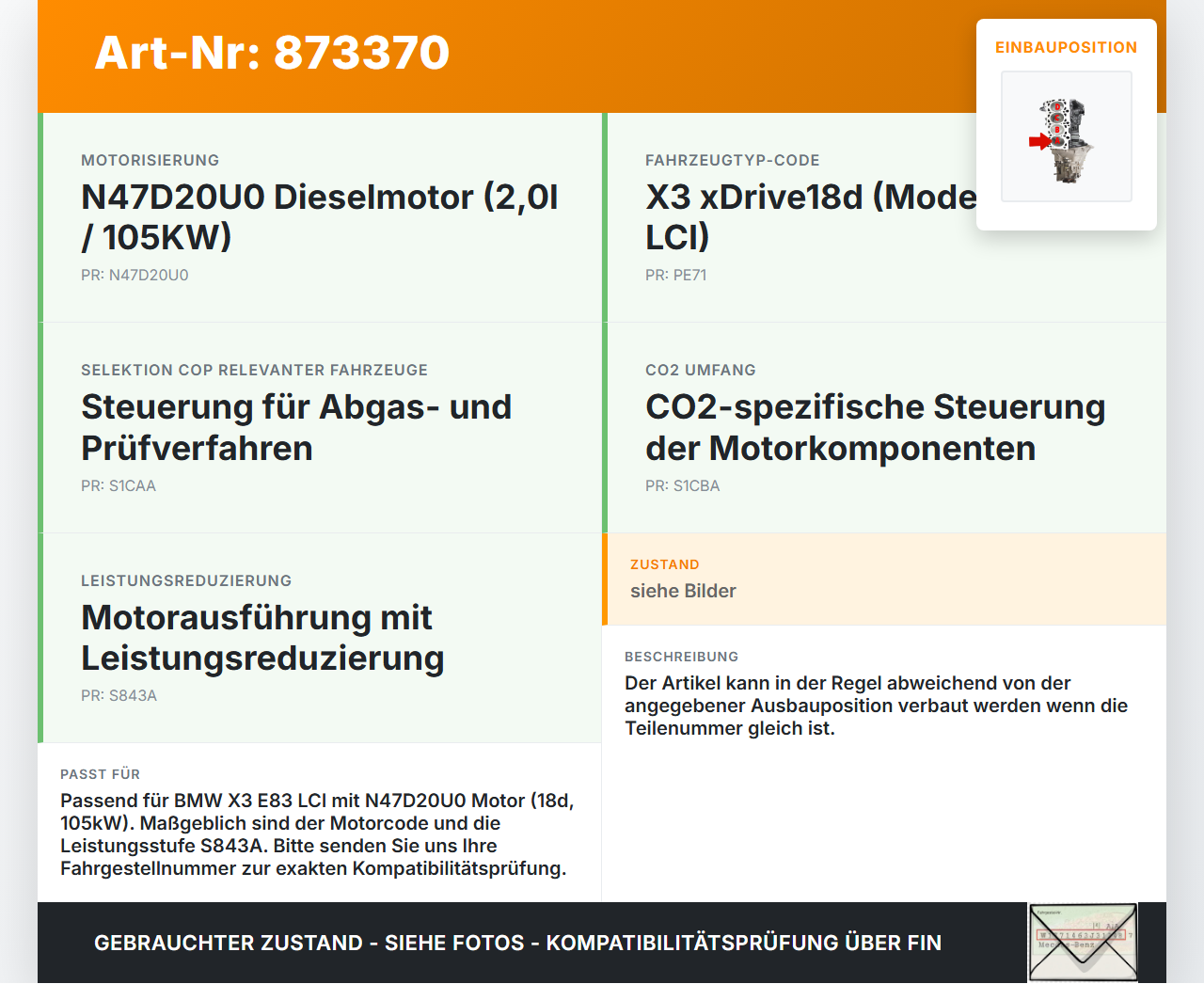 BMW X3 E83 18d LCI 08-11 2,0d 105KW N47 N47D20C Kolben mit Pleuel Pos A BMW X3 E83 18d LCI 08-11 03.12.2009 gebraucht Vorschau 3