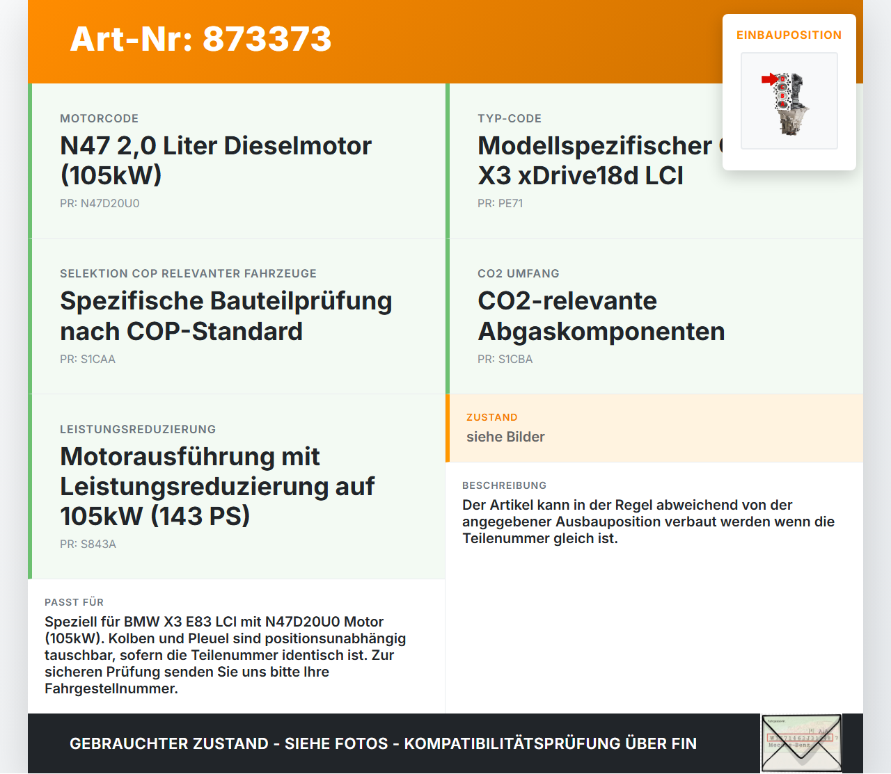 BMW X3 E83 18d LCI 08-11 2,0d 105KW N47 N47D20C Kolben mit Pleuel Pos D BMW X3 E83 18d LCI 08-11 03.12.2009 gebraucht Vorschau 3