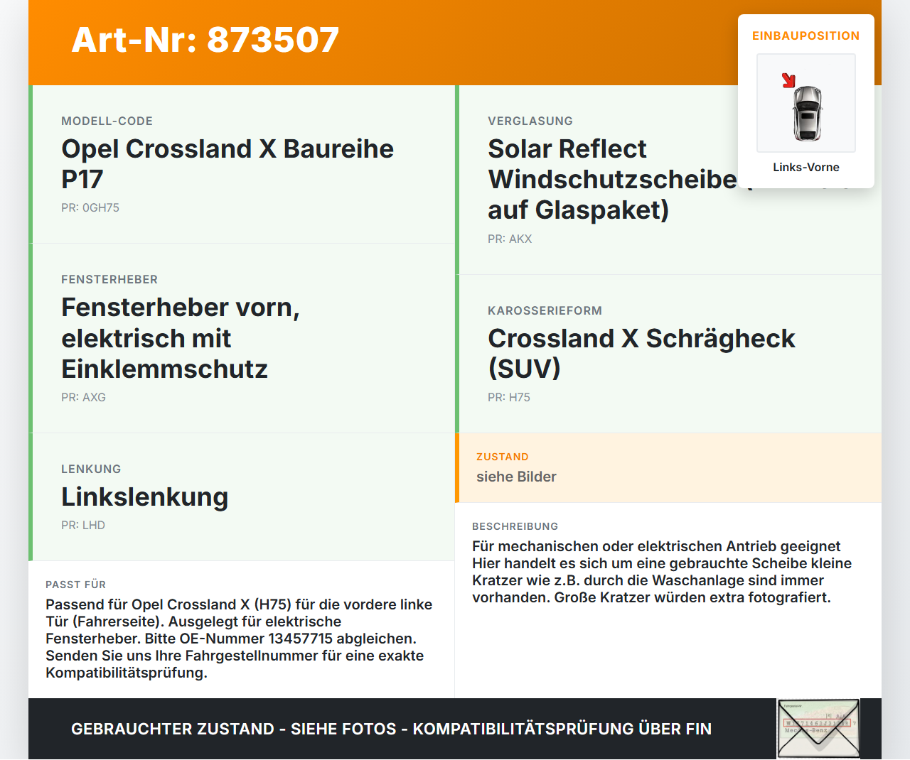 Opel Crossland X P17 17-20 LVK Seitenscheibe für Tür Fenster Türscheibe Links Vorne Opel Crossland X P17 17-20... Vorschau 3