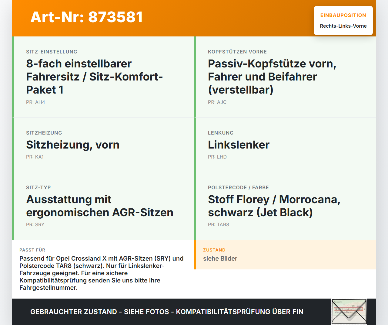 Opel Crossland X P17 17-20 Kopfstütze für Fahrer Sitz Rechts oder Links Vorne Opel Crossland X P17 17-20 21.02.2018... Vorschau 3