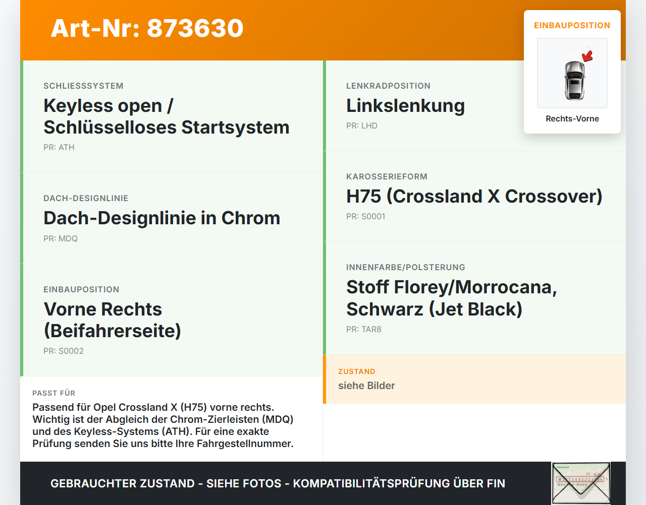 Opel Crossland X P17 17-20 Dichtung für Rahmen Tür Rechts Vorne Opel Crossland X P17 17-20 21.02.2018 gebraucht Vorschau 3