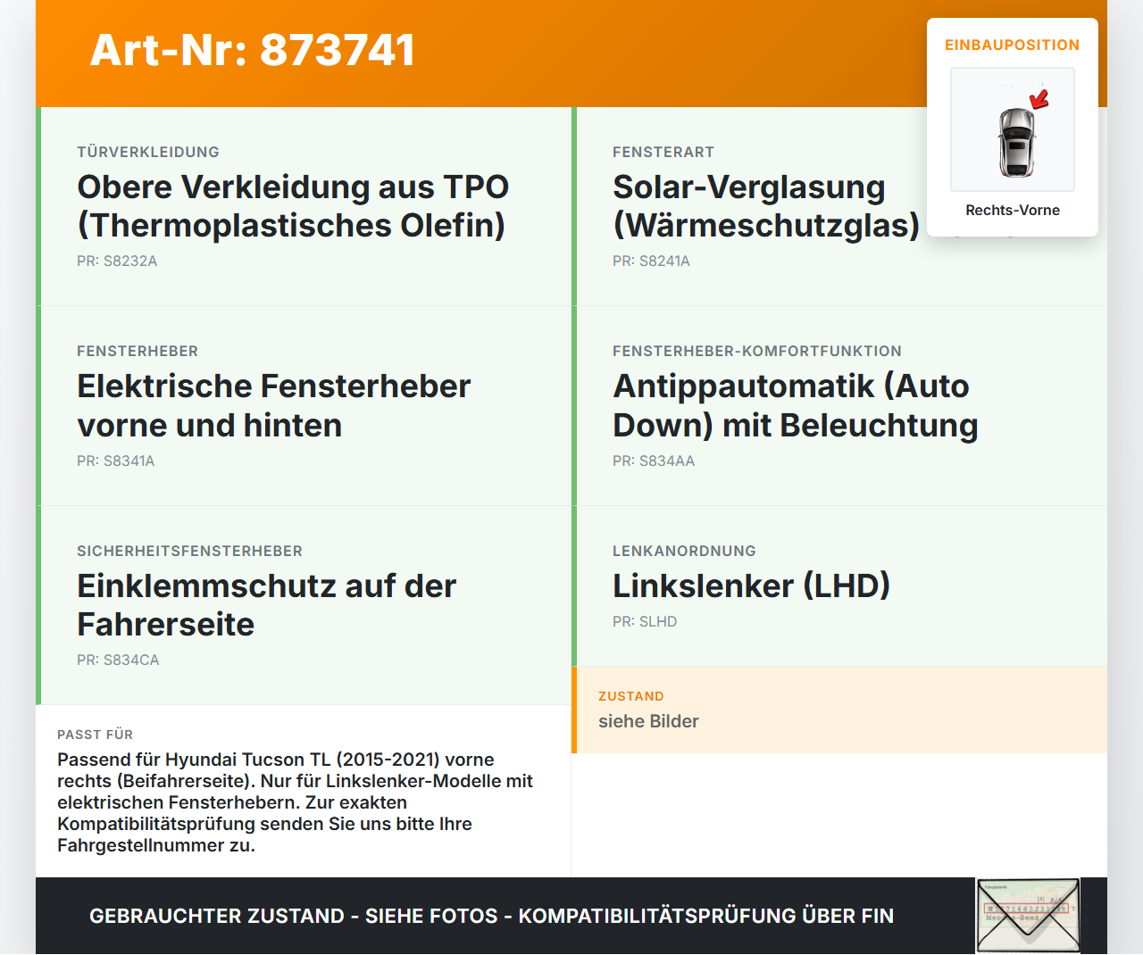 Hyundai Tucson TL 15-21 Fensterheber o. FH-Motor Rechts Vorne Hyundai Tucson TL 15-21 15.09.2016 82481D7010... Vorschau 3