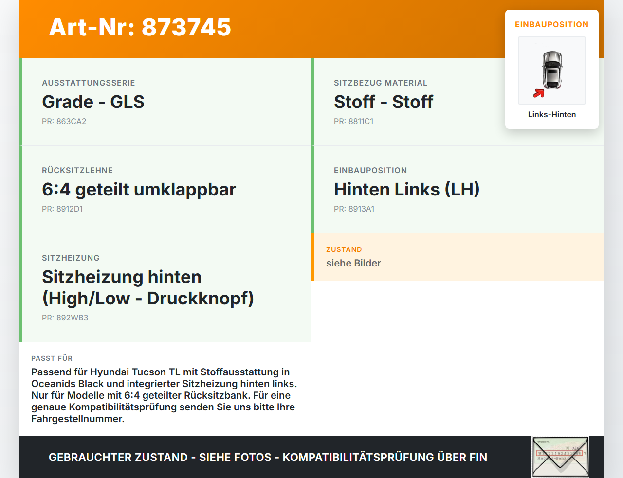 Hyundai Tucson TL 15-21 Sitzbezug Rückenpolster Links für Rücksitzbank Hinten Hyundai Tucson TL 15-21 15.09.2016... Vorschau 3