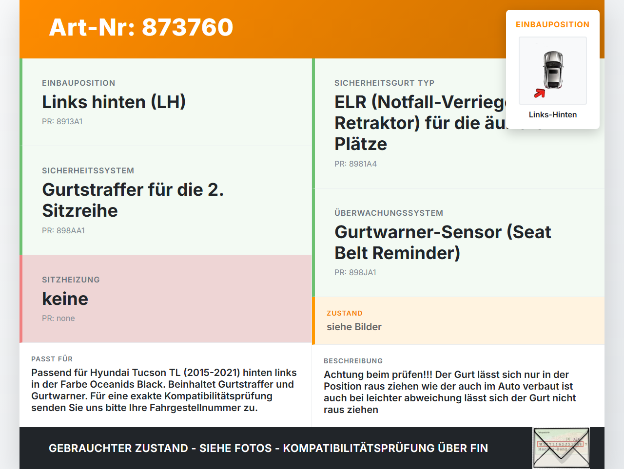 Hyundai Tucson TL 15-21 Gurt Sicherheitsgurt Links Hinten Hyundai Tucson TL 15-21 15.09.2016 89830D7000TRY... Vorschau 3