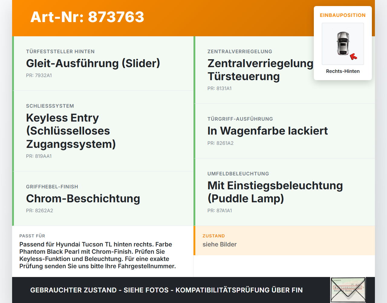 Hyundai Tucson TL 15-21 Türgriff Griff aussen Rechts Hinten PAE Hyundai Tucson TL 15-21 15.09.2016 83665D7000 gebraucht Vorschau 3