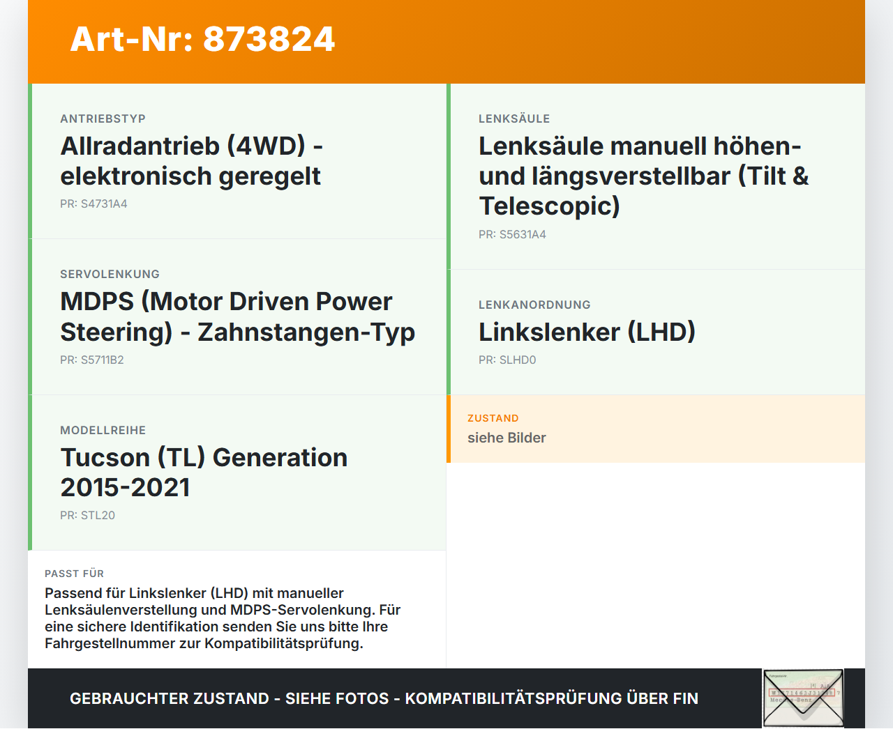 Hyundai Tucson TL 15-21 Lenkungsteil Kreuzgelenk Hyundai Tucson TL 15-21 15.09.2016 56400D7500 gebraucht Vorschau 3