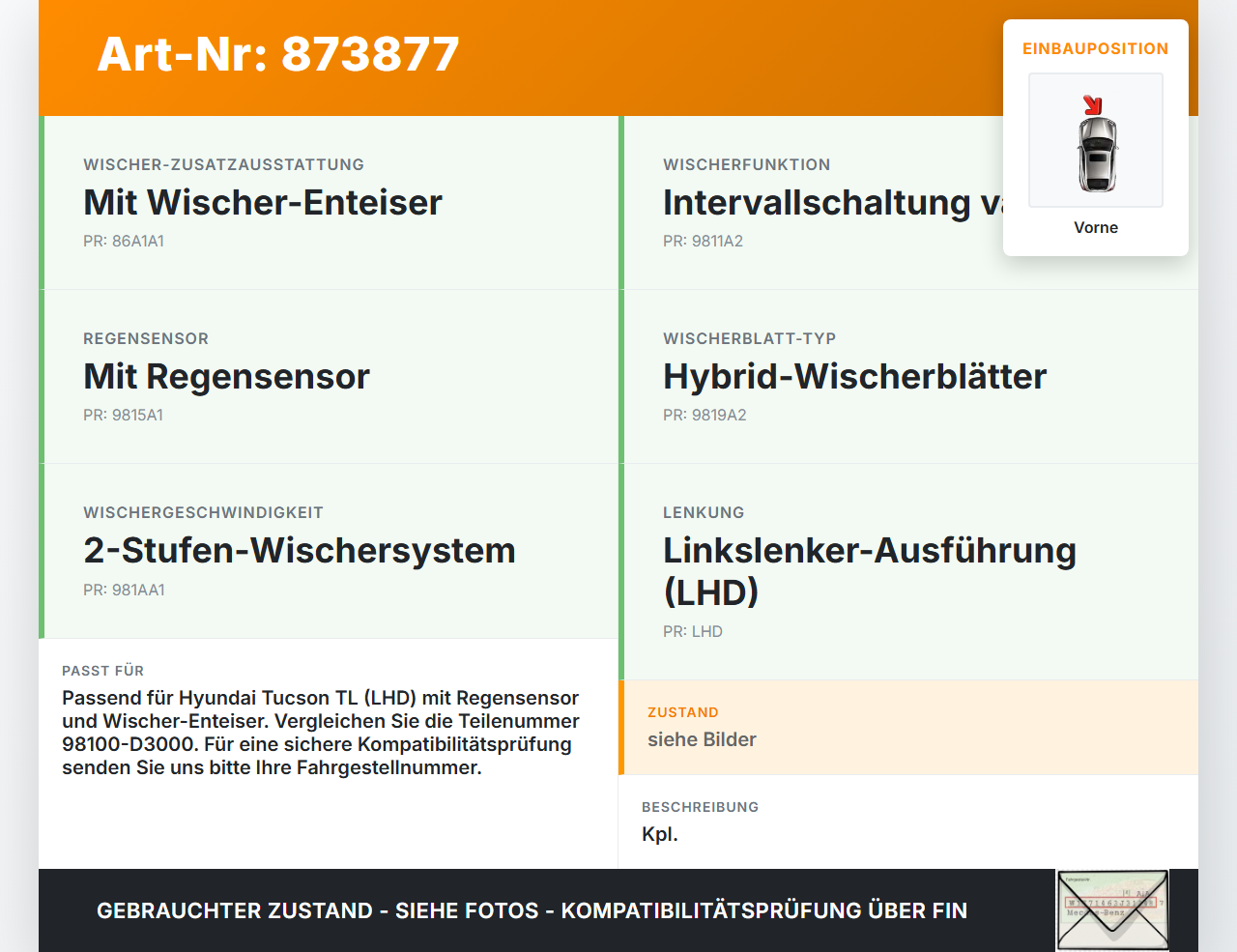 Hyundai Tucson TL 15-21 Wischermotor m. Wischergestänge Vorne Hyundai Tucson TL 15-21 15.09.2016 98110D3000... Vorschau 3