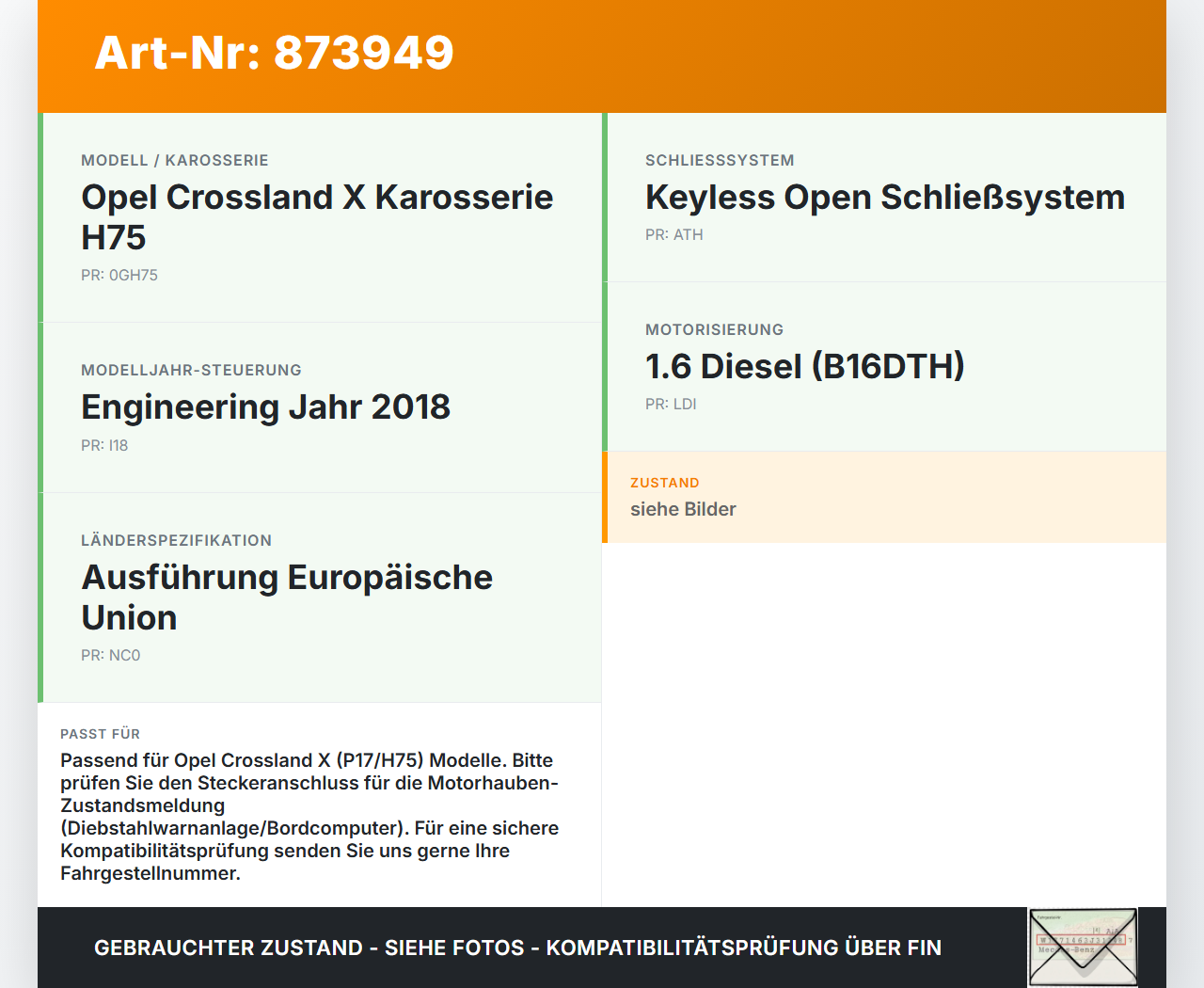 Opel Crossland X P17 17-20 Haubenschloss Motorhaubenschloss Schloss Opel Crossland X P17 17-20 21.02.2018 gebraucht Vorschau 3
