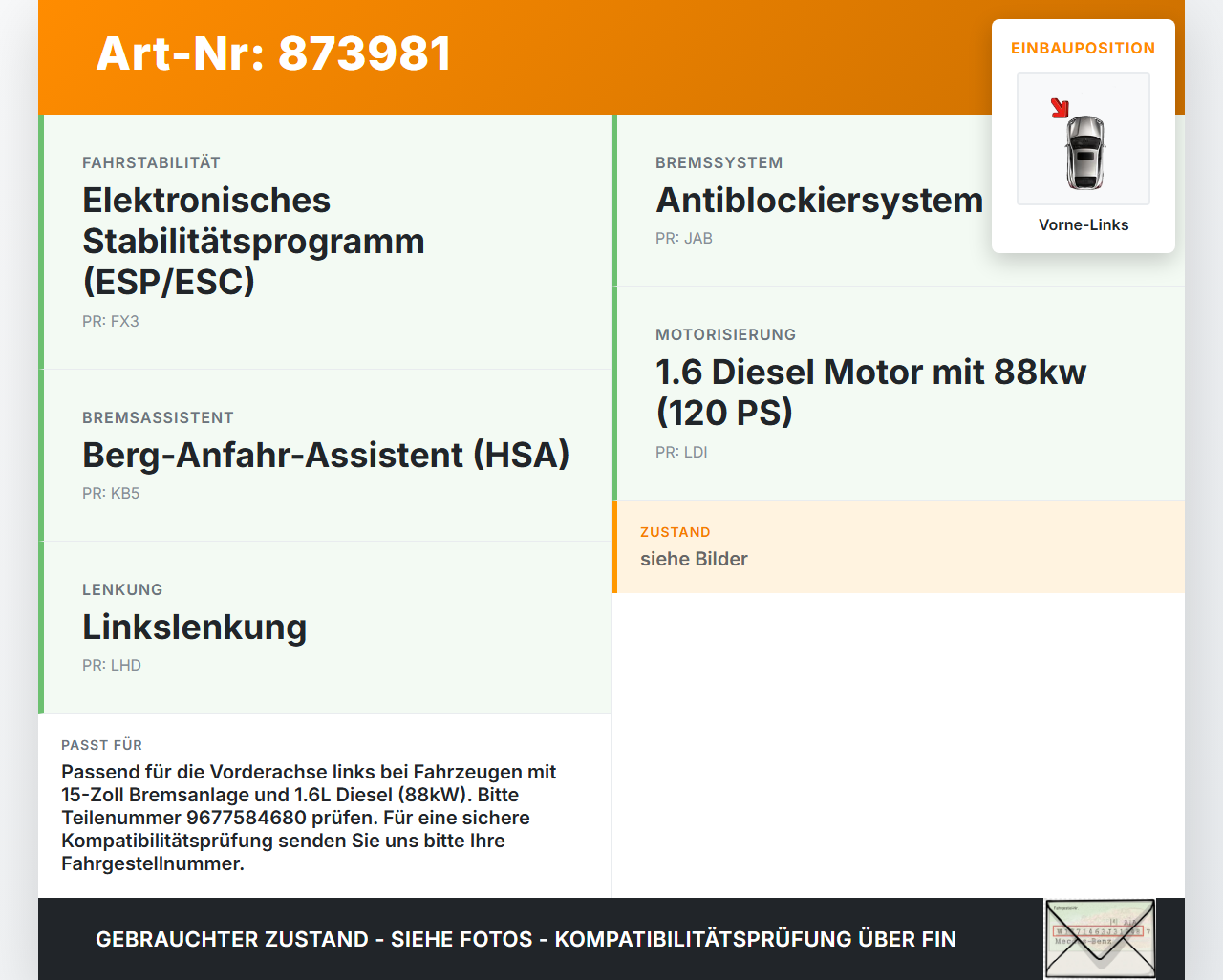Opel Crossland X P17 17-20 TD 1,6 88KW Bremssattel Bremszange Vorne Links 15Zoll Opel Crossland X P17 17-20... Vorschau 3