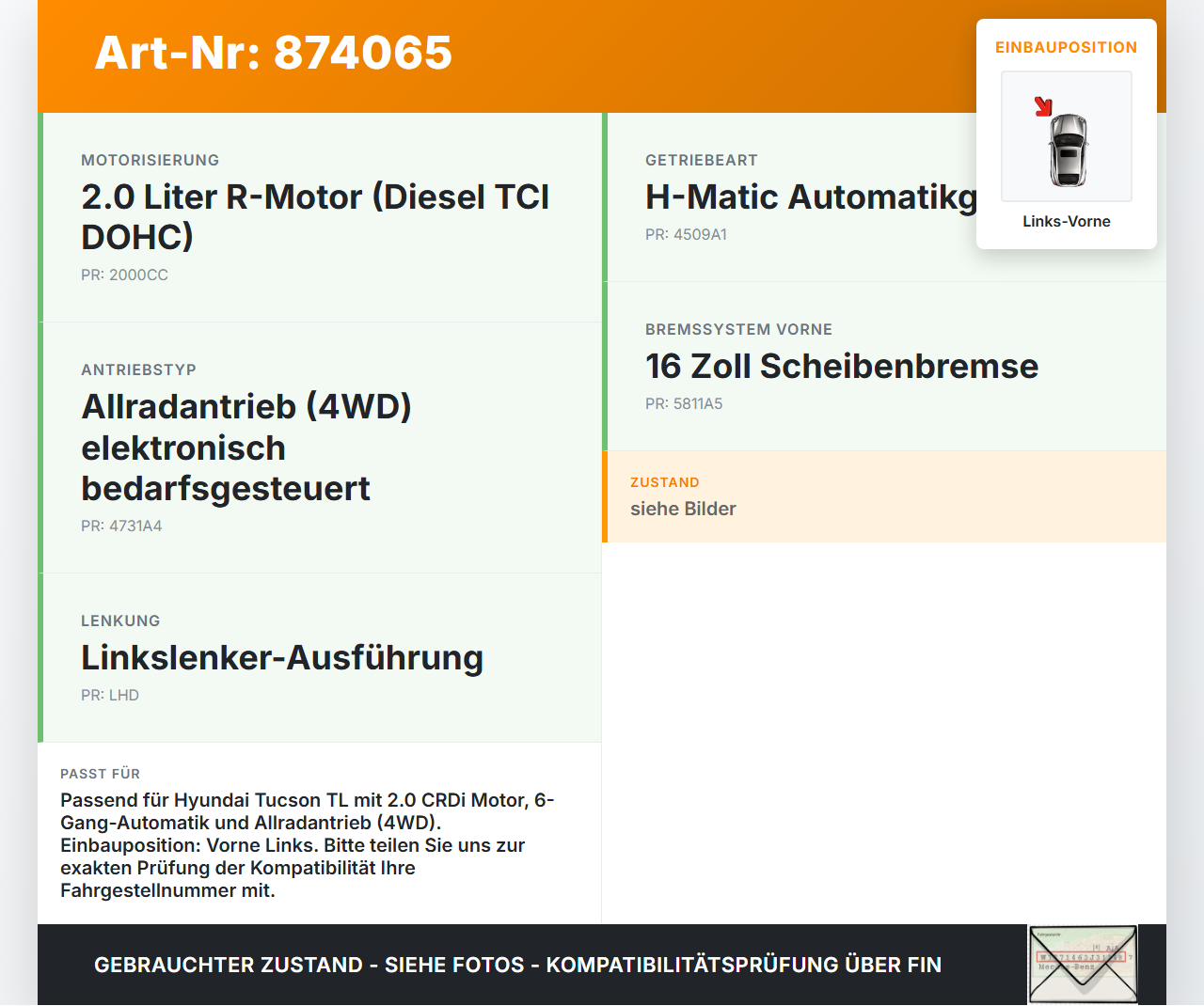 Hyundai Tucson TL 15-21 CRDI 2,0 136KW Autom Antriebswelle Gelenkwelle Links Vorne Hyundai Tucson TL 15-21... Vorschau 3
