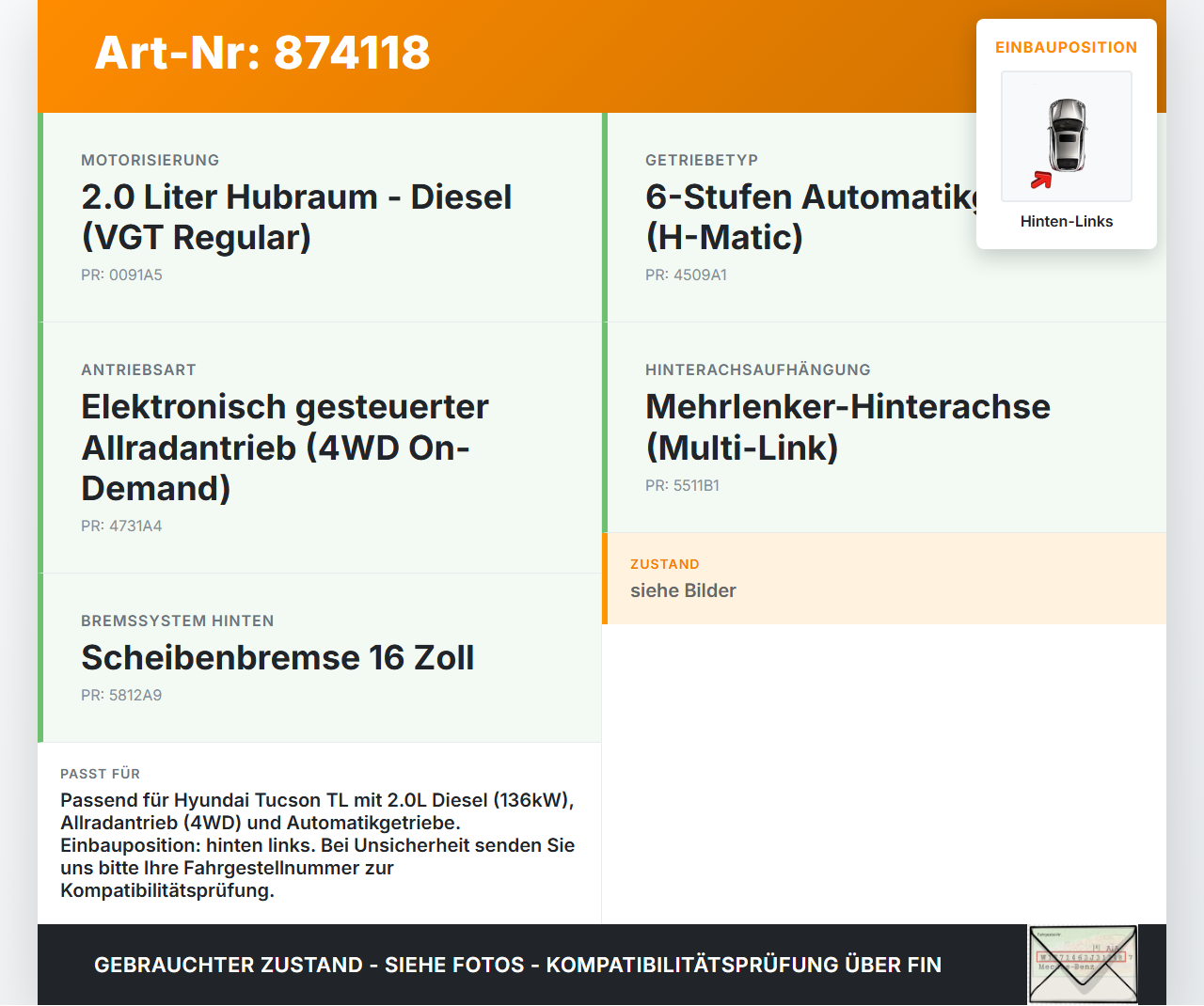 Hyundai Tucson TL 15-21  CRDI 2,0 136KW Antriebswelle Gelenkwelle Hinten Links Hyundai Tucson TL 15-21 15.09.2016... Vorschau 3