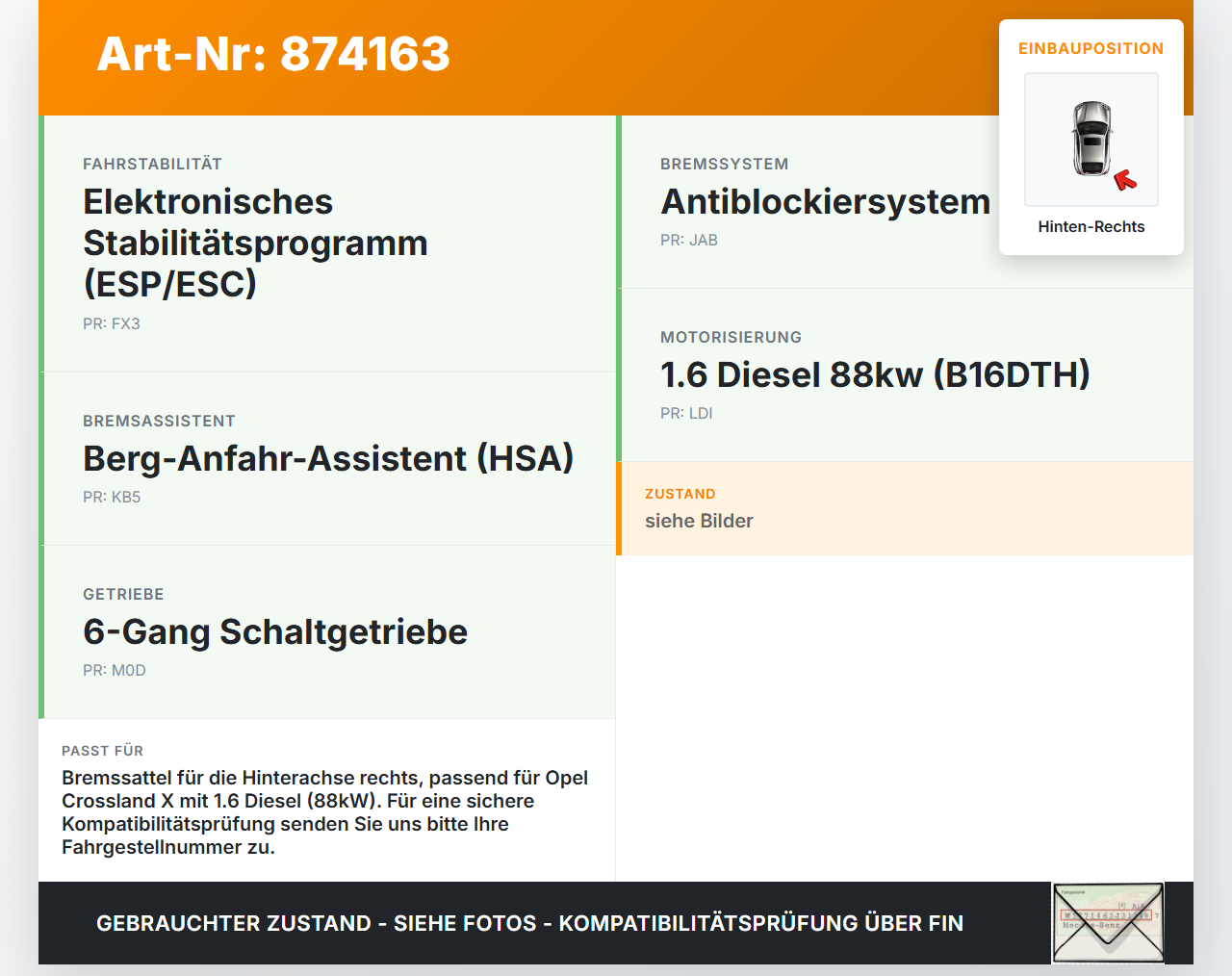 Opel Crossland X P17 17-20 TD 1,6 88KW Bremssattel Bremszange Hinten Rechts Opel Crossland X P17 17-20 21.02.2018... Vorschau 3